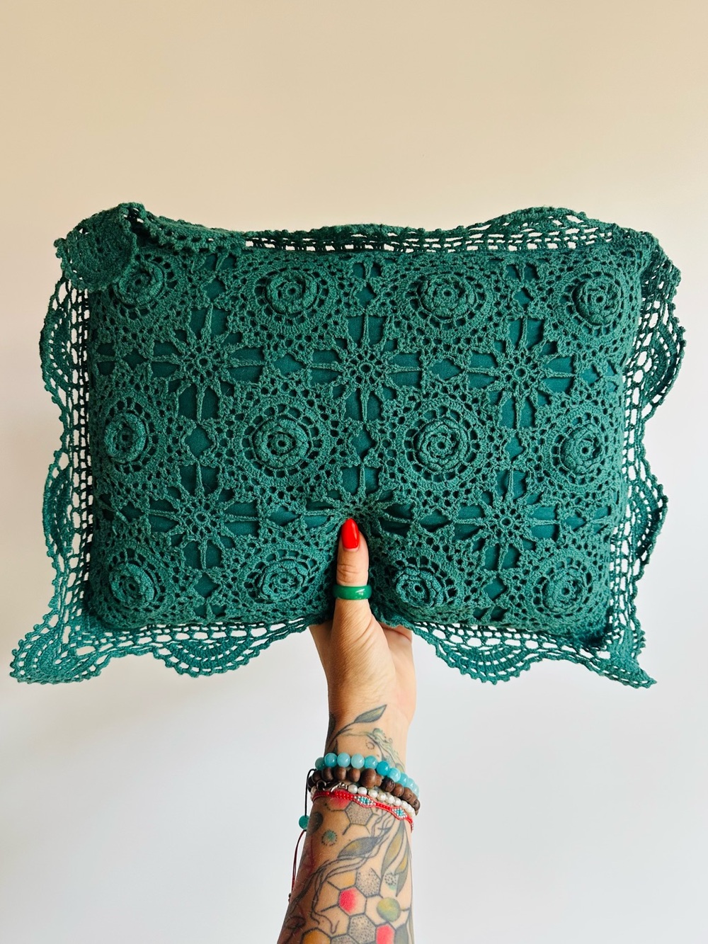 Vintage Emerald Green Crochet Lace Decorative Accent Pillow Cushion 18x15 Boho